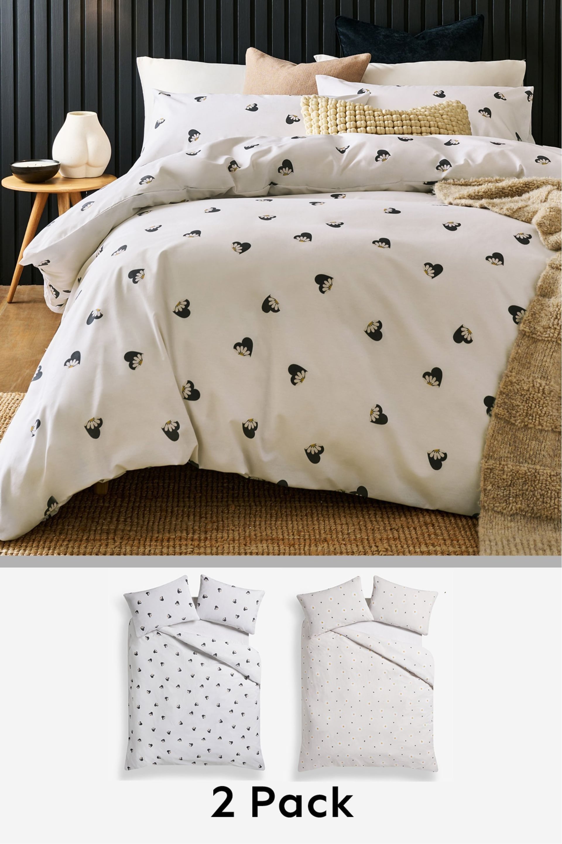 2 Pack Monochrome Daisy Heart Reversible Duvet Cover and Pillowcase Set - Image 1 of 7