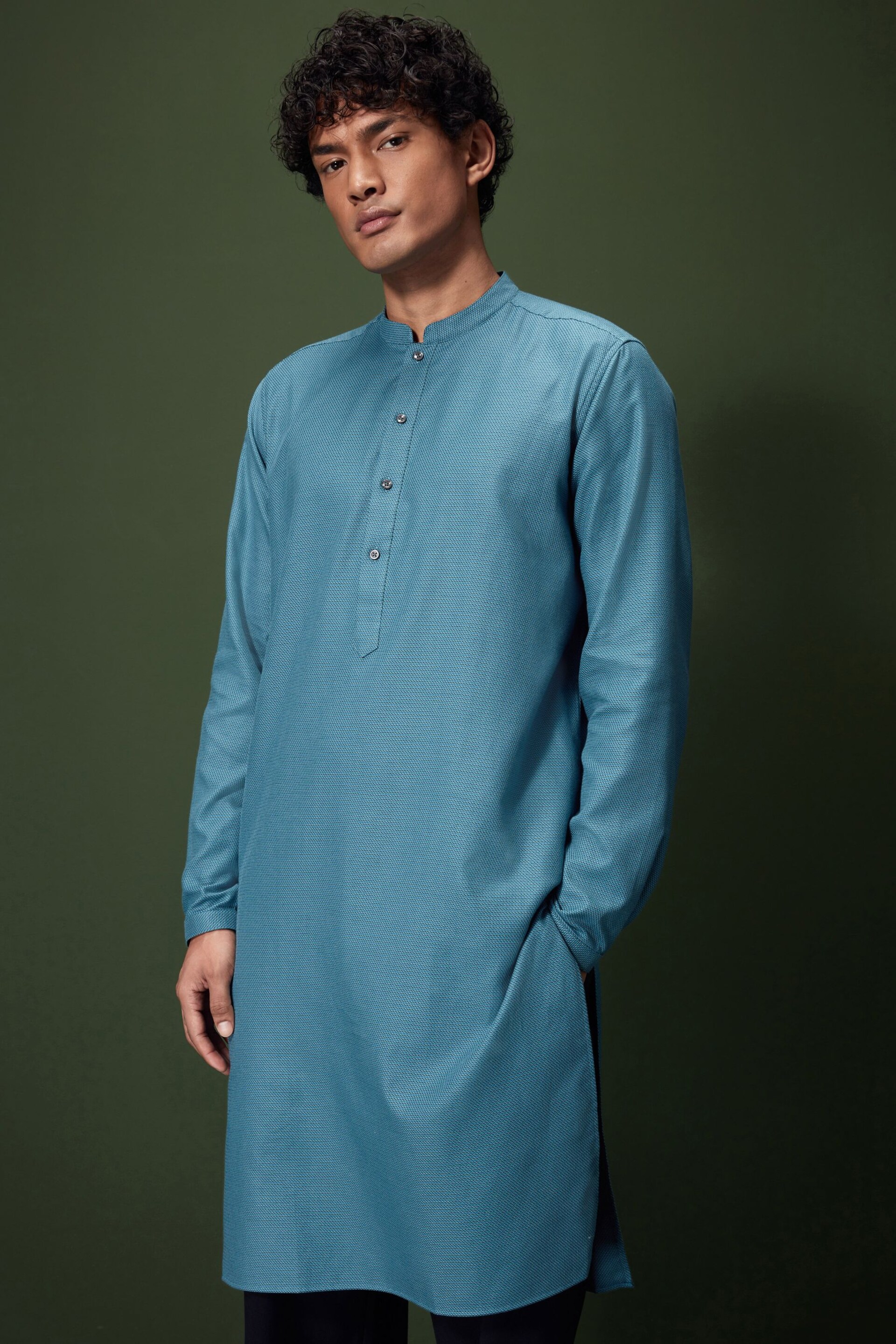 Bright Teal Blue Signature Cotton Kurta - Image 1 of 4