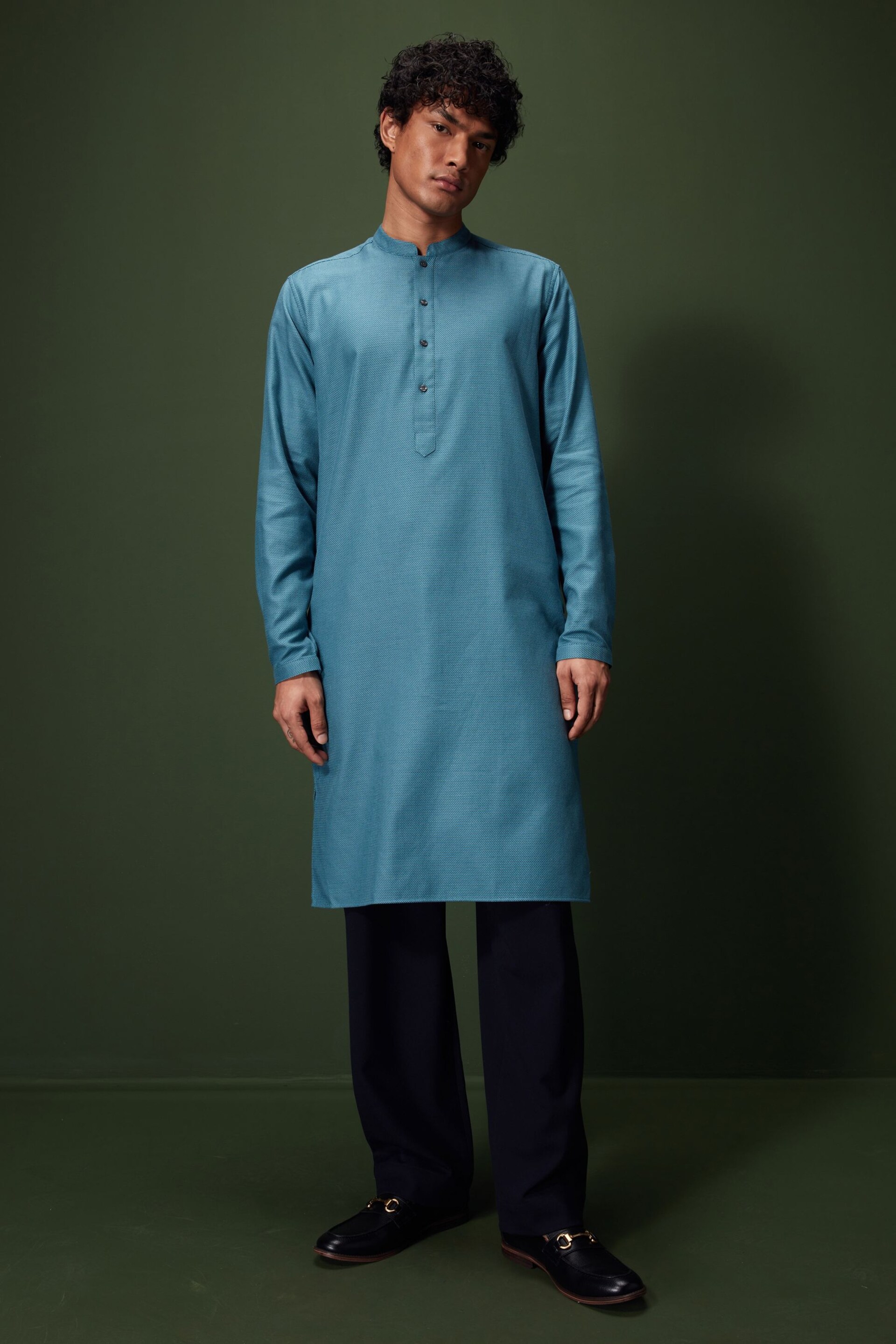 Bright Teal Blue Signature Cotton Kurta - Image 2 of 4