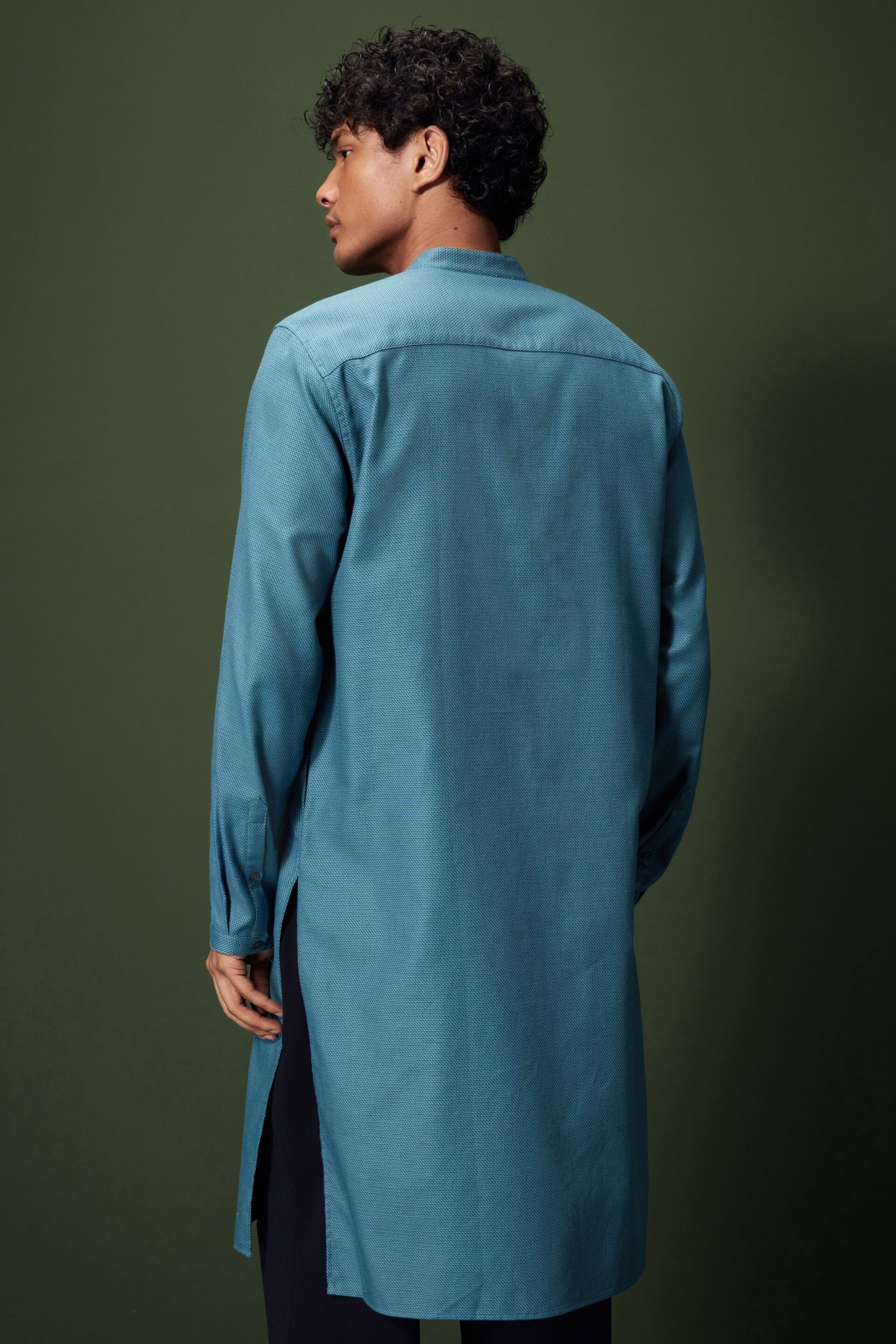 Bright Teal Blue Signature Cotton Kurta - Image 3 of 4