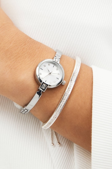 Silver Tone Sparkle Dial Watch And Bangle Set