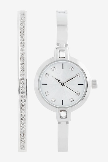 Silver Tone Sparkle Dial Watch And Bangle Set