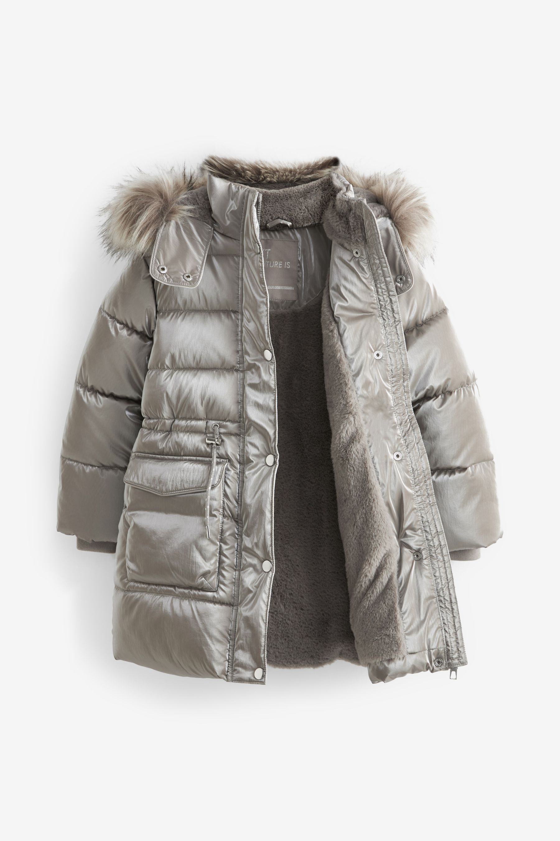 Buy Silver Metallic Short Padded Faux Fur Trim Coat 3 16yrs from Next Slovenia