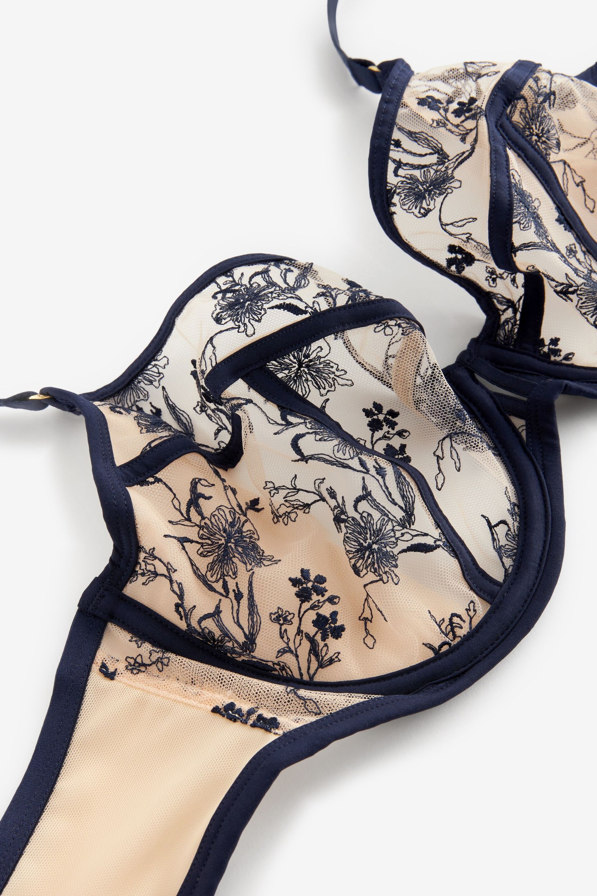 Navy Blue DD+ Non Pad Balcony Floral Embroidered Bra - Image 8 of 8