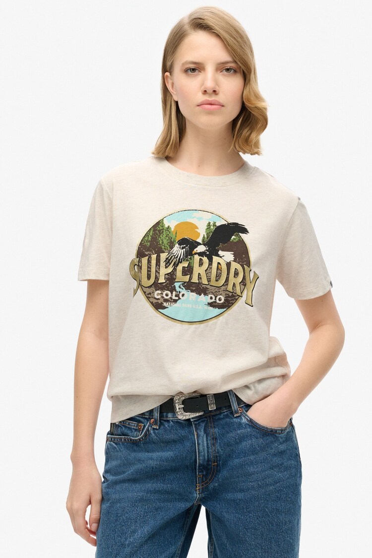 Superdry Oat Cream Marl Travel Souvenir Relaxed T-Shirt - Image 1 of 5