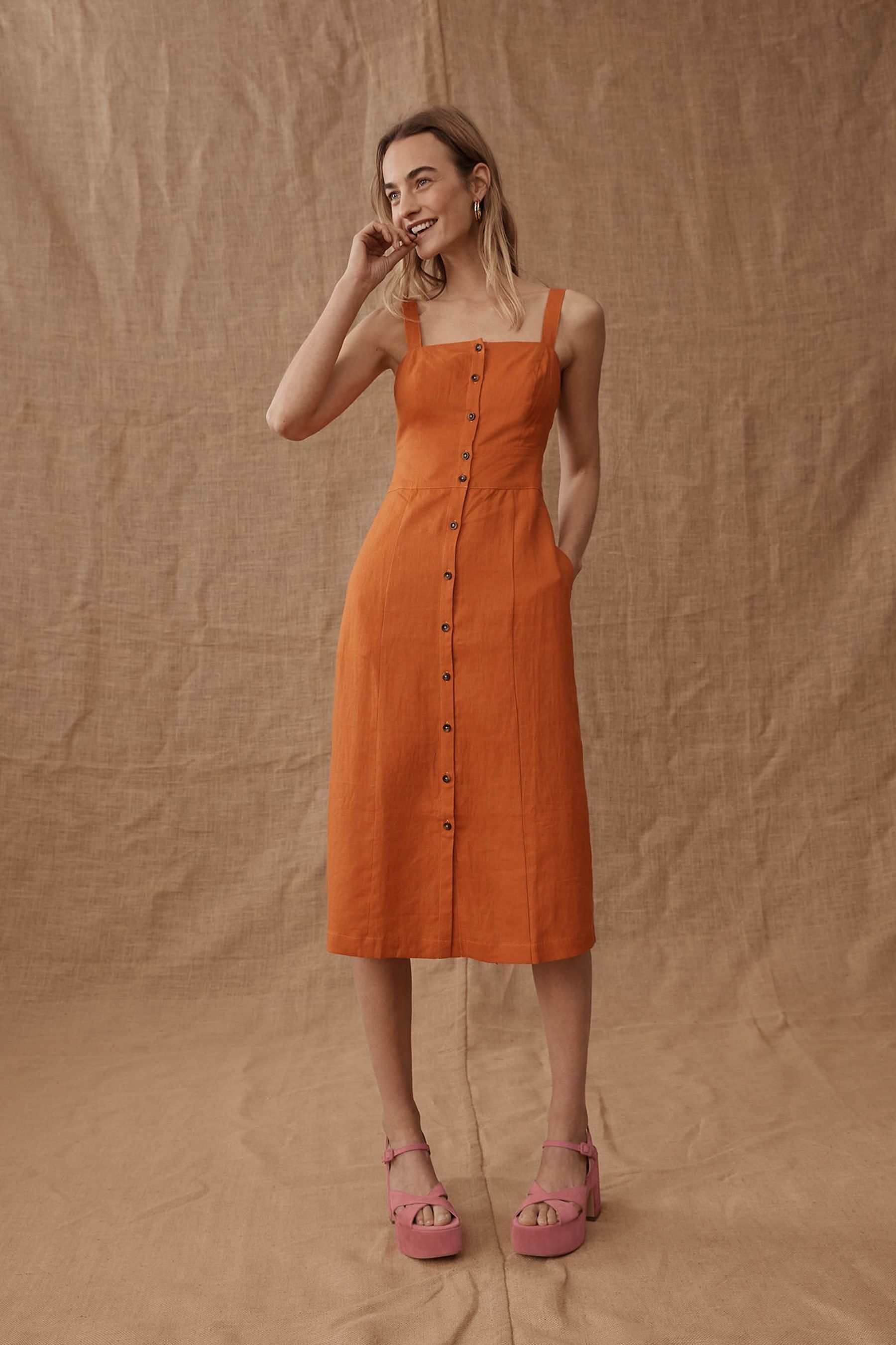 Buy Boden Orange Strappy Linen Midi Dress from Next Luxembourg