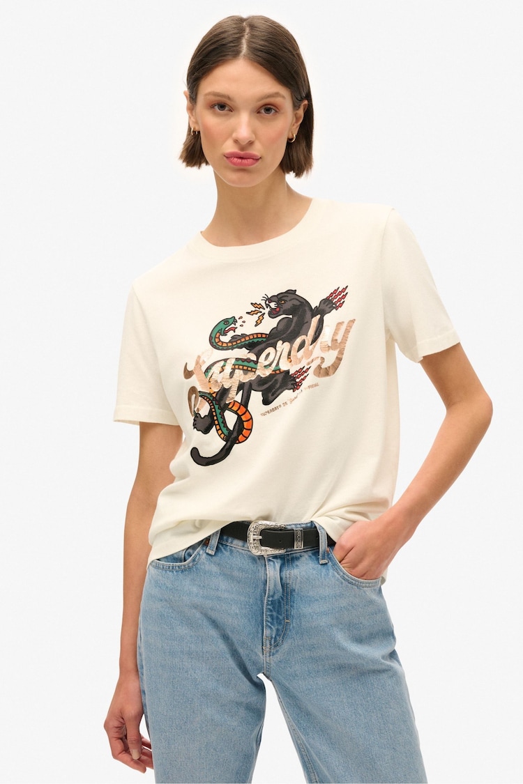 Superdry Cream 100% Cotton Tattoo Script Relaxed T-Shirt - Image 1 of 6