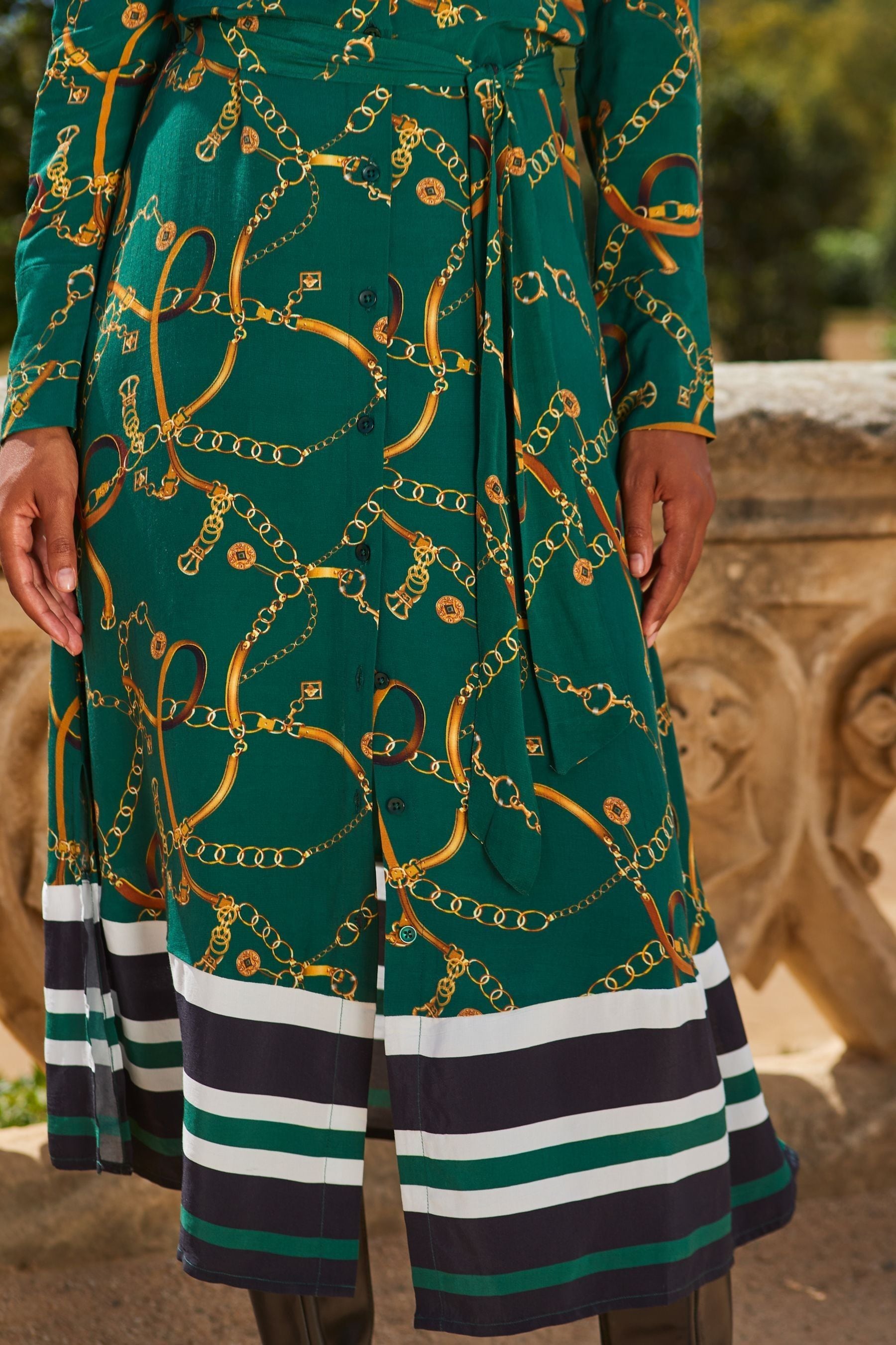 Green chain print dress top