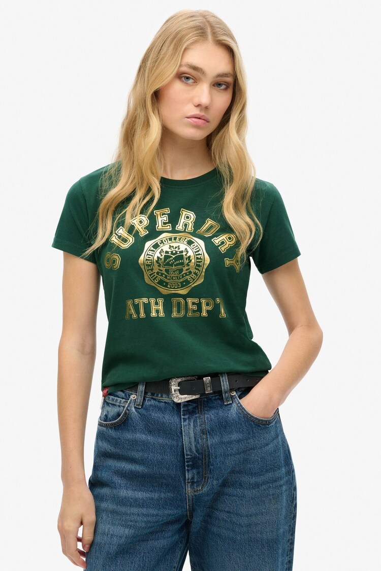 Superdry Enamel Green College Script Fitted T-Shirt - Image 1 of 5