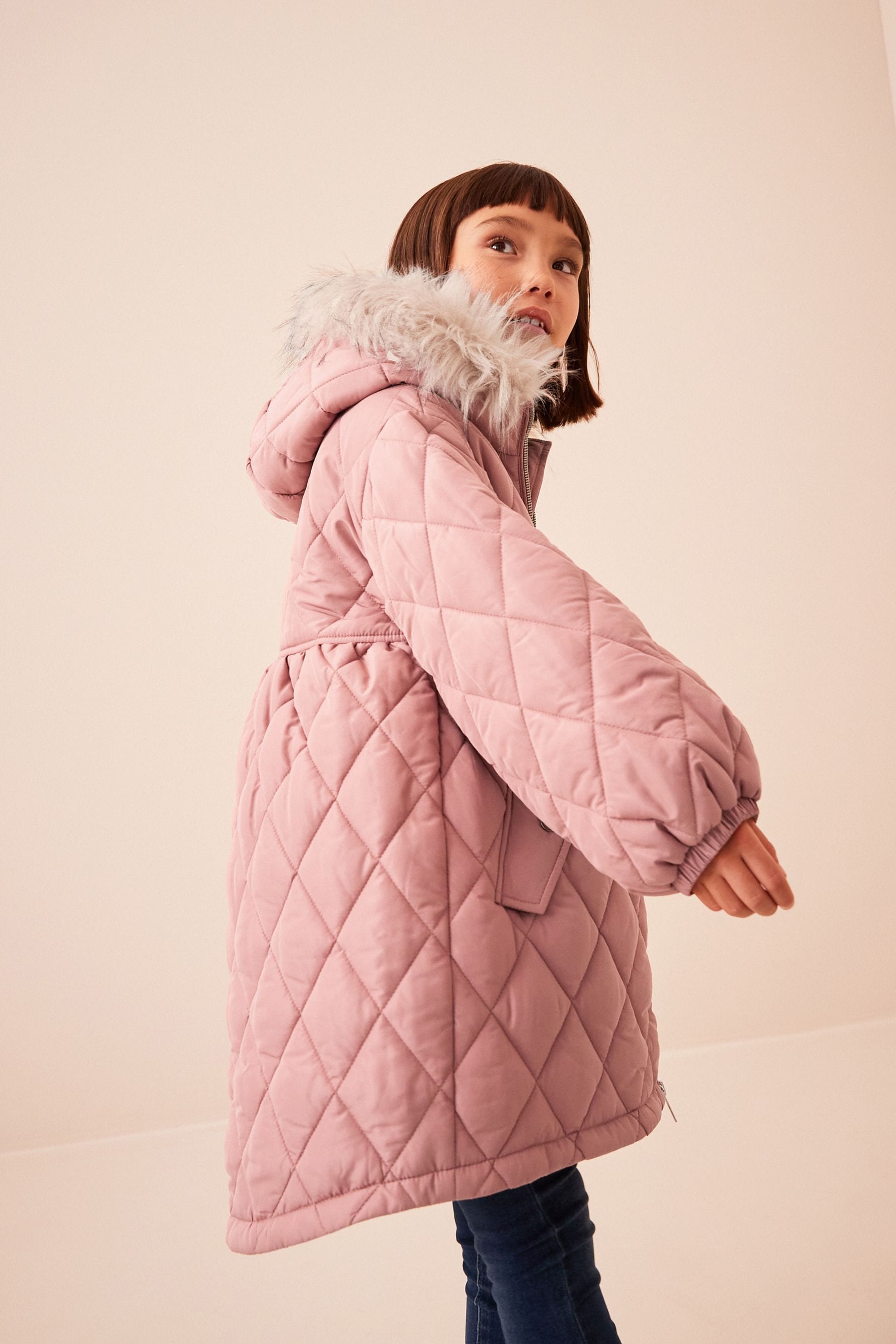 Pink padded coat with fur hood top