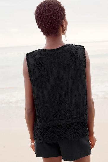Black Sleeveless Crochet Waistcoat Jacket