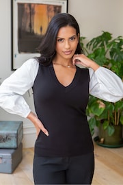 Pour Moi Black 100% Cotton Reese V-Neck Knit Jumper With Poplin Sleeves - Image 1 of 4