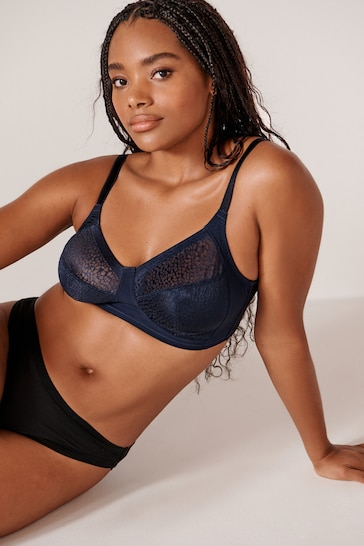 Navy Blue Total Support Non Pad Non Wire Animal Print Mesh Bra