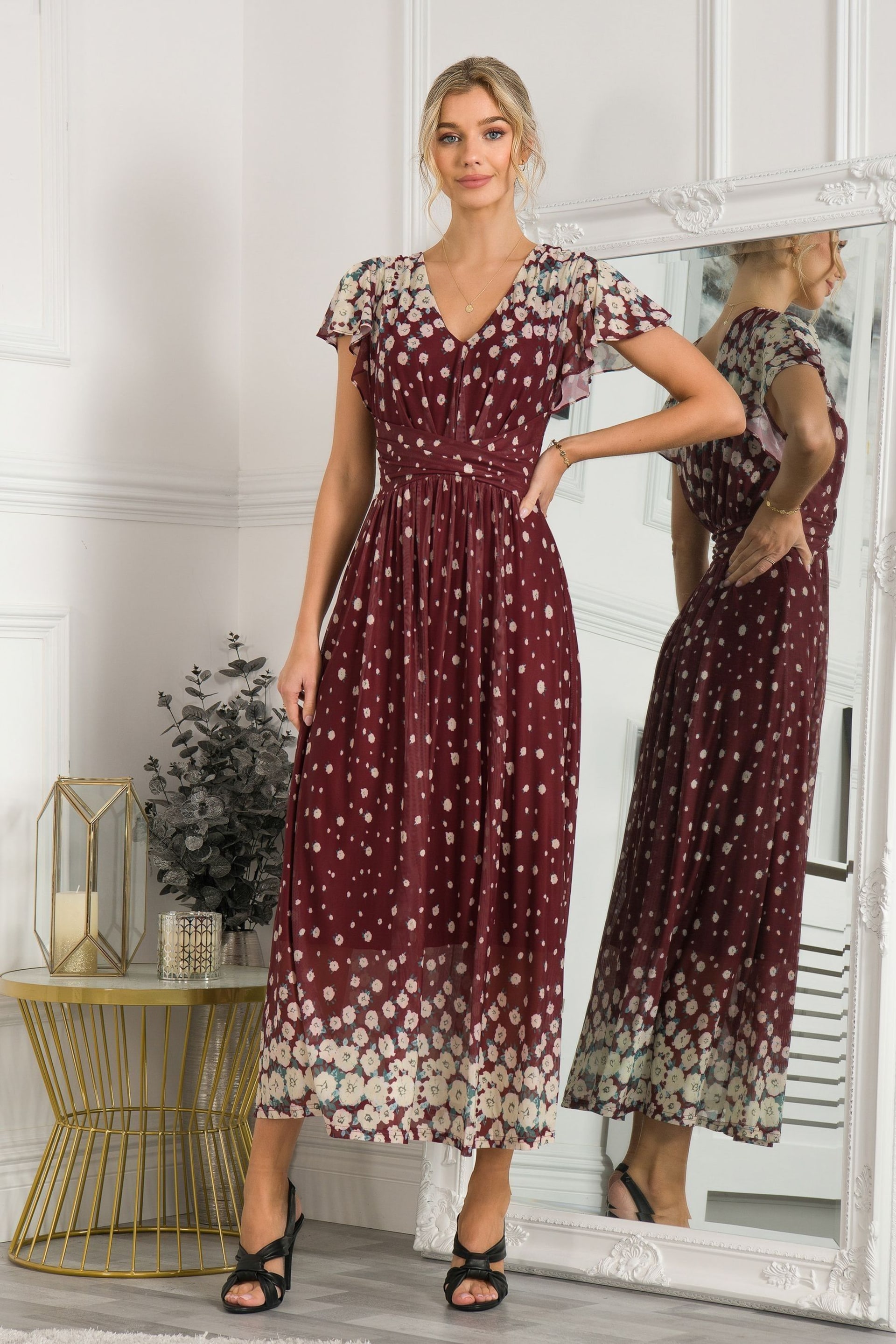 Jolie Moi Red Mably Mirror Print Maxi Mesh Dress - Image 3 of 5