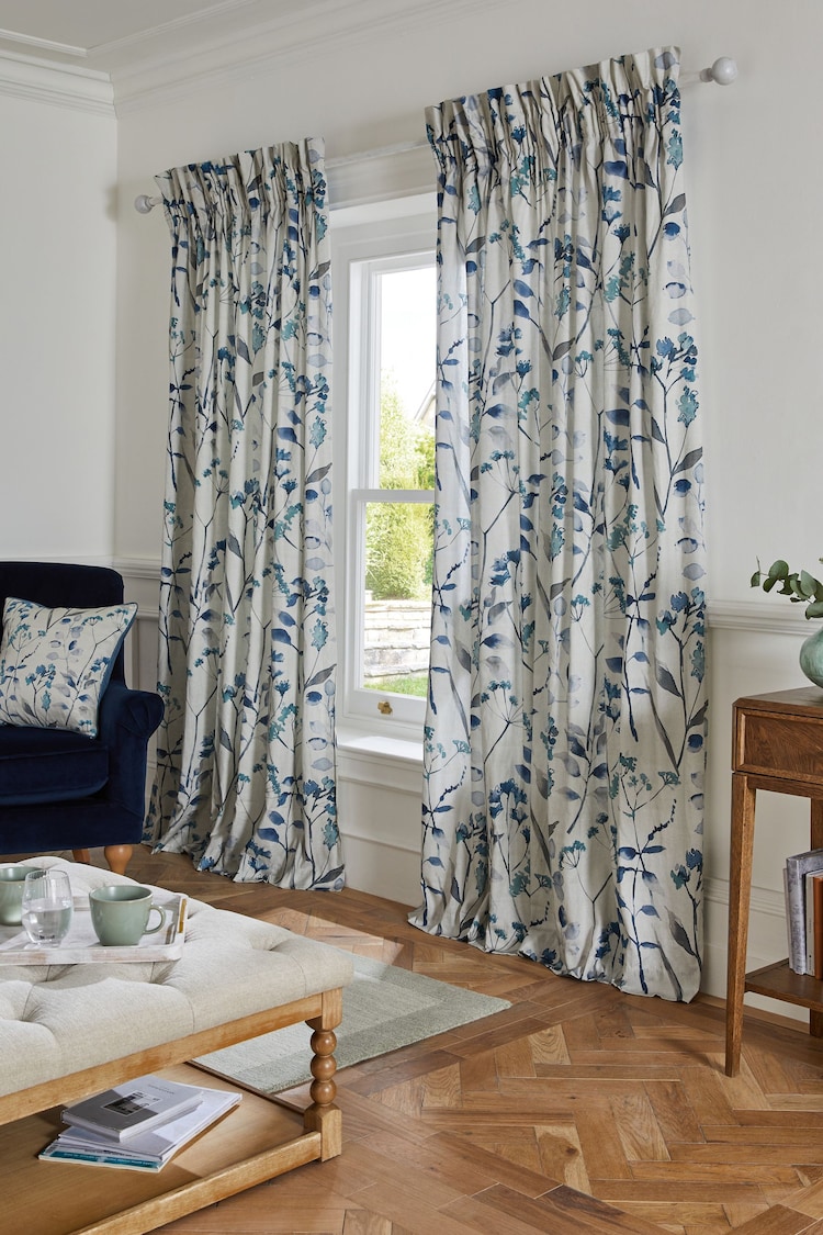 Blue Isla Floral Print Ruffle Top Lined Curtains - Image 1 of 5