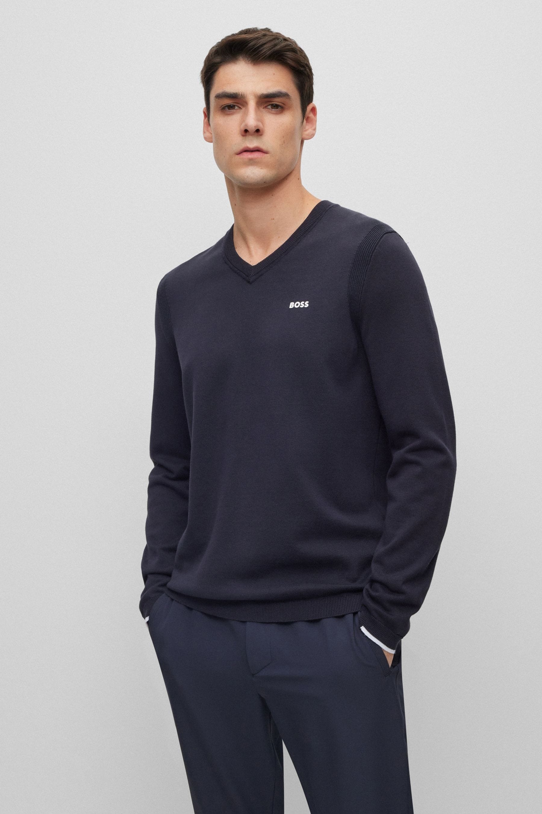 BOSS Blue V Neck Knitted Jumper