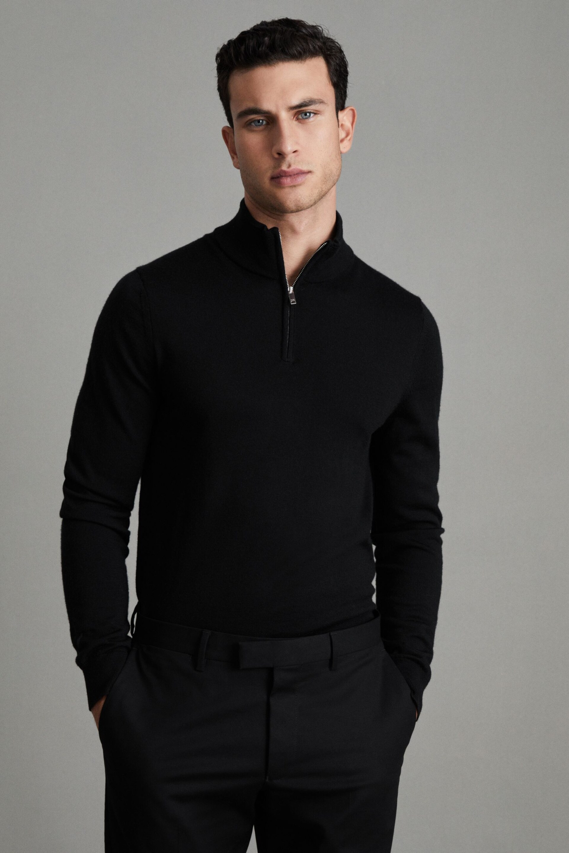 Reiss Black Blackhall Merino Wool Half-Zip Funnel Neck Jumper - Image 1 of 7