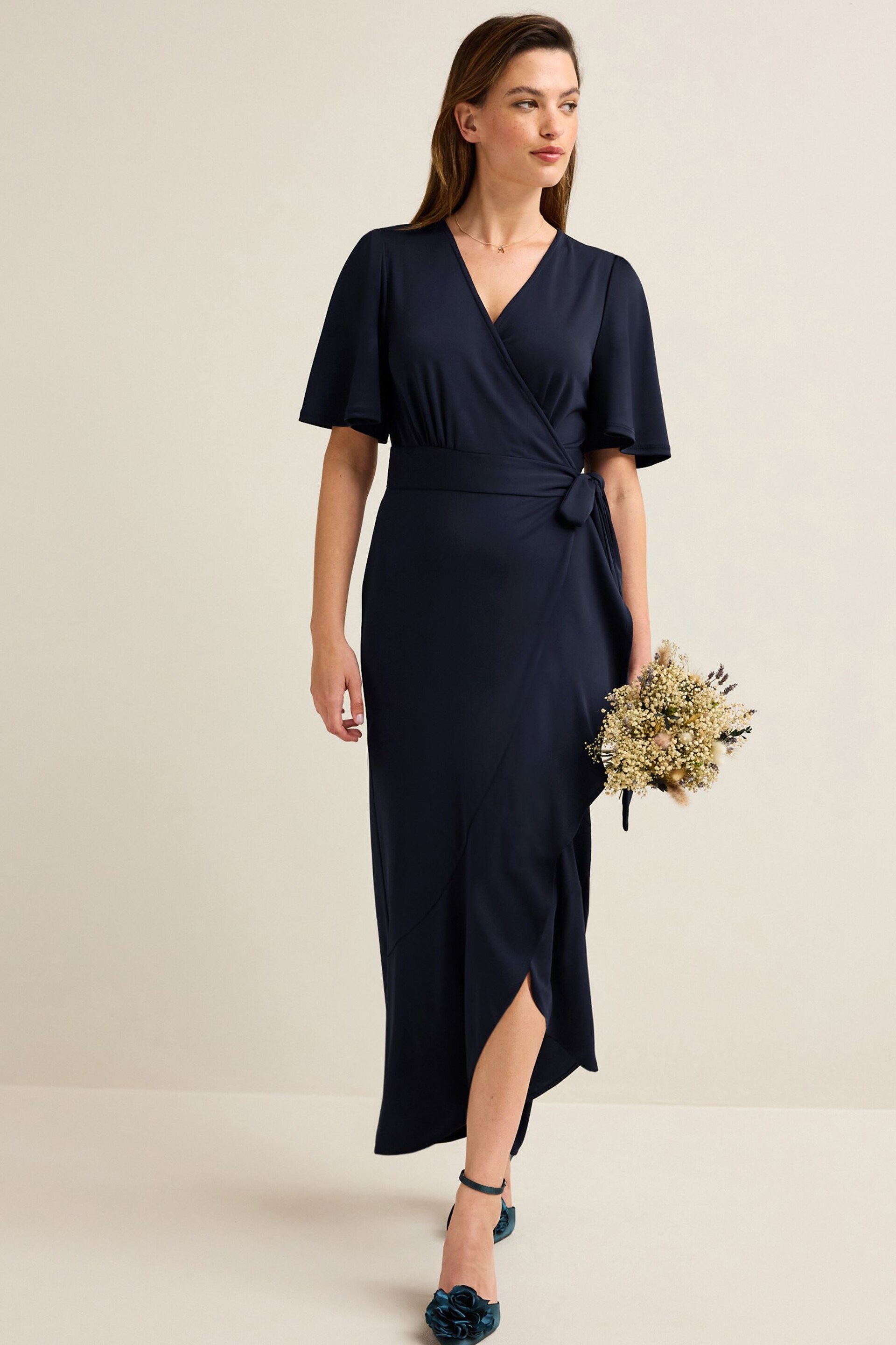 Navy Blue Wrap Front Bridesmaid Maxi Dress - Image 2 of 20