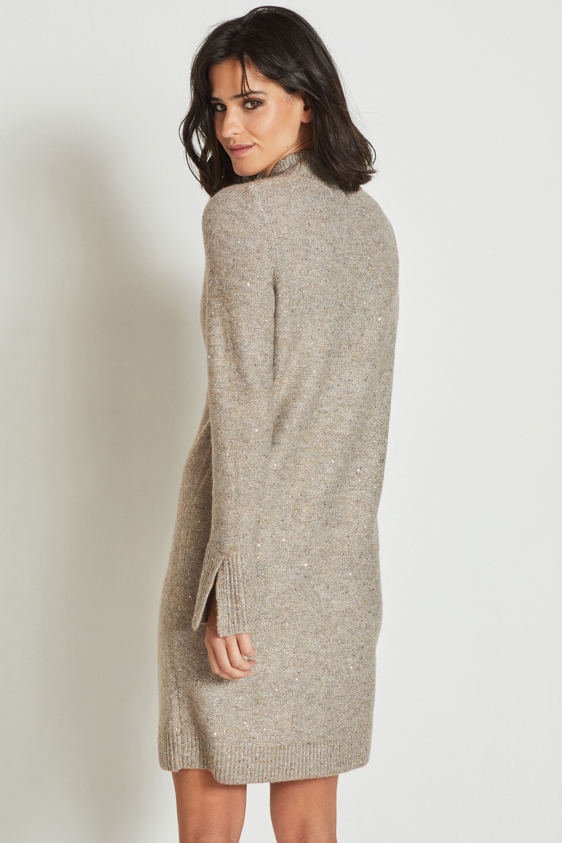 Buy Neutral Sequin High Neck Split Cuff Jumper Dress from Next Luxembourg