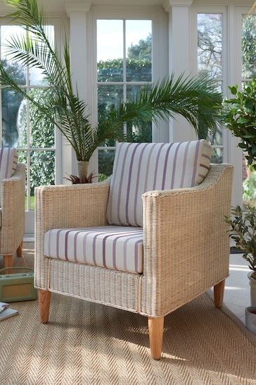 Laura Ashley Natural Garden Bamburgh Indoor Rattan Lounging Set With Luxford Stripe Amethyst Cushions