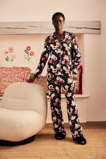 Cath Kidston Black Floral Print Modal Blend Button Through Pyjamas