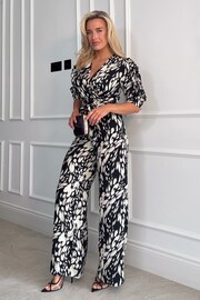 Girl In Mind Black/Cream Spot Fizz Puff Sleeve Wide Leg Jumpsuit - Image 2 of 4