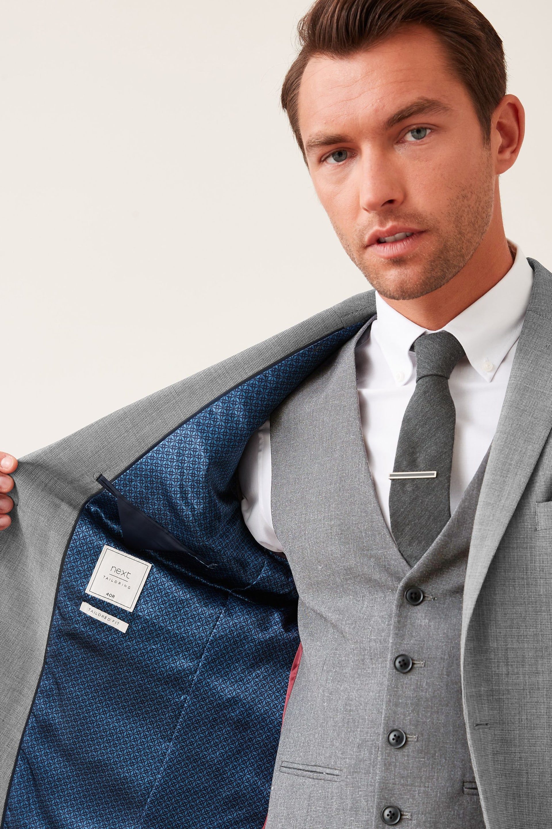 Light Grey Tailored Wool Mix Textured Suit Jacket - Image 6 of 9