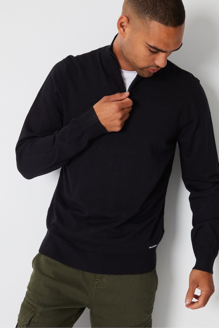 Threadbare Black Funnel Neck 1/4 Zip Knitted Jumper - Image 1 of 4