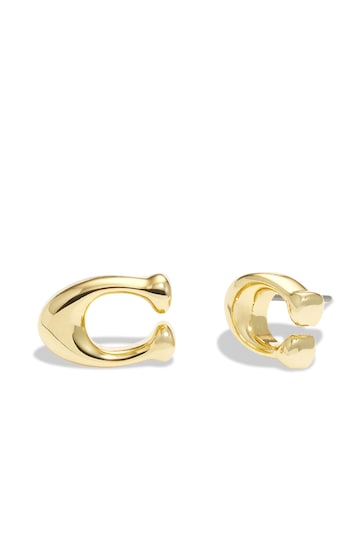 COACH Gold Tone Signature C Stud Earrings