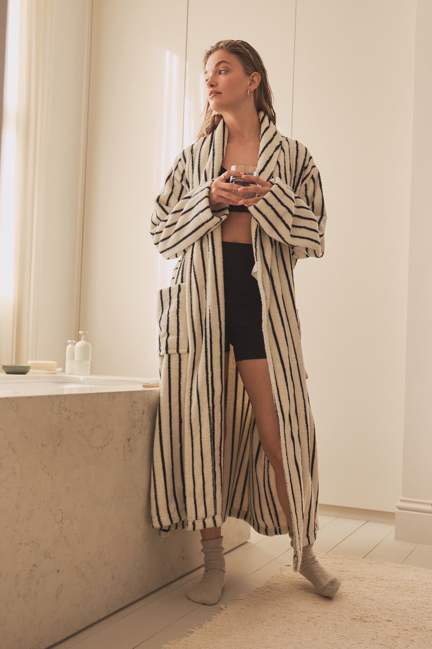 Buy Cream Navy Stripe 100 Cotton Towelling Dressing Gown from the Next UK online shop