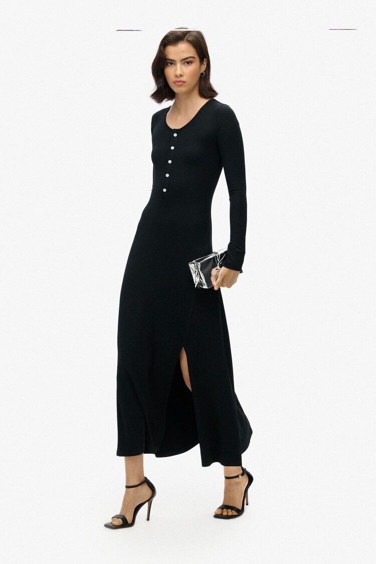 Superdry Black Henley Long Sleeve Midi Dress - Image 2 of 6