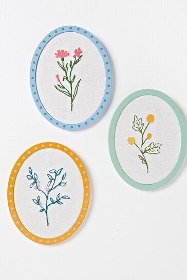 Oliver Bonas Natural Set of 3 Embroidered Floral Wall Art