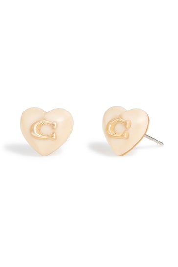 COACH Gold Tone Signature Heart Stud Earrings