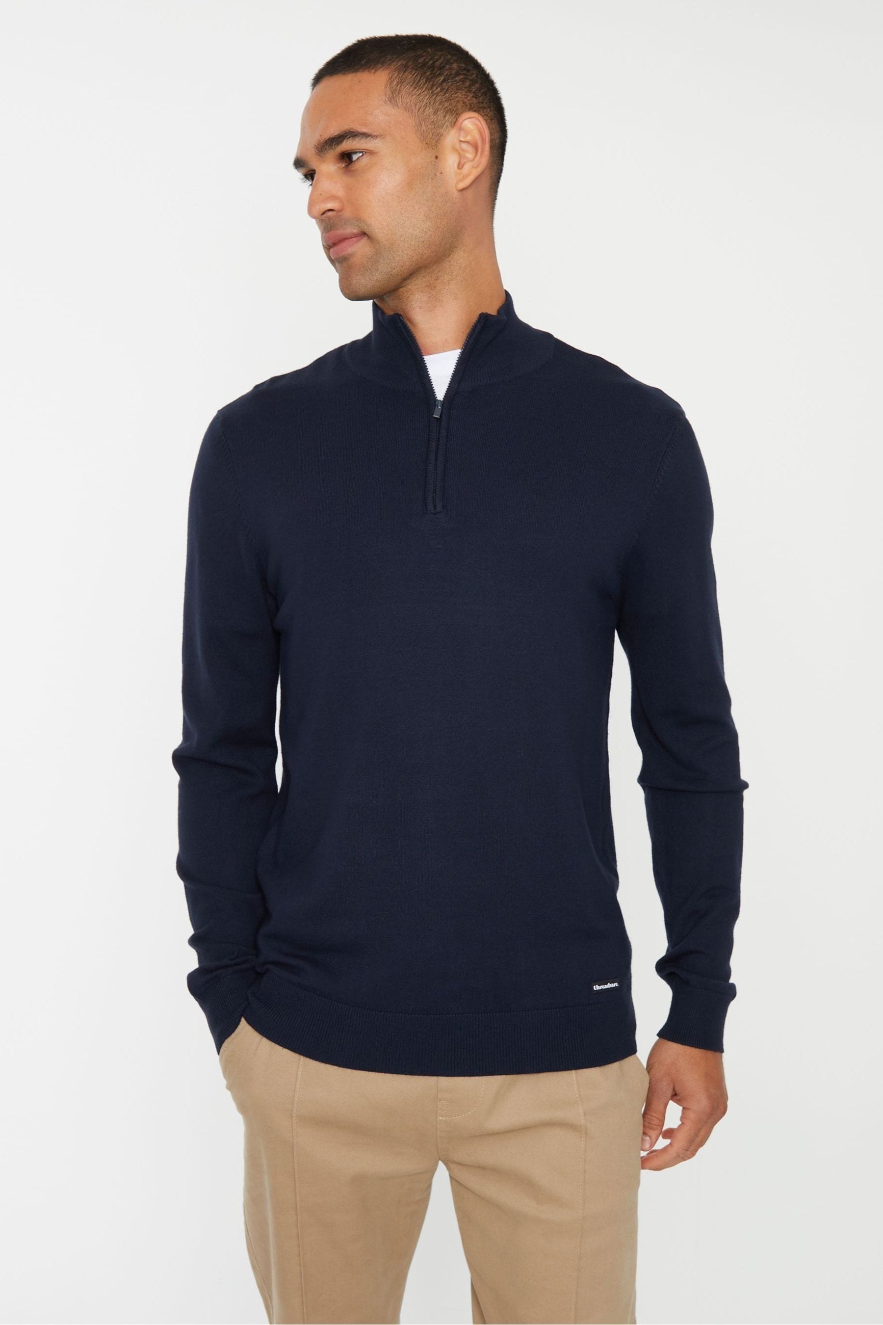 Buy Threadbare Navy Funnel Quarter Zip Knitted Jumper from Next Ireland