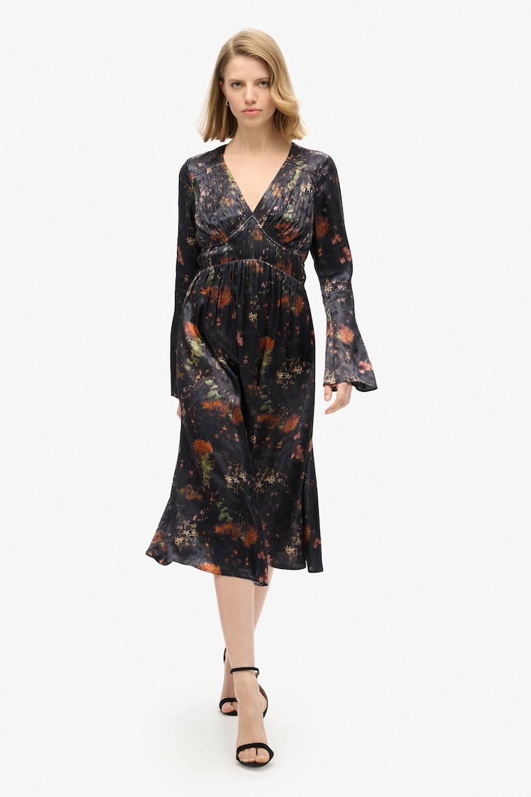 Superdry Alpine Lake Black Flare Sleeve Jacquard Midi Dress - Image 1 of 6