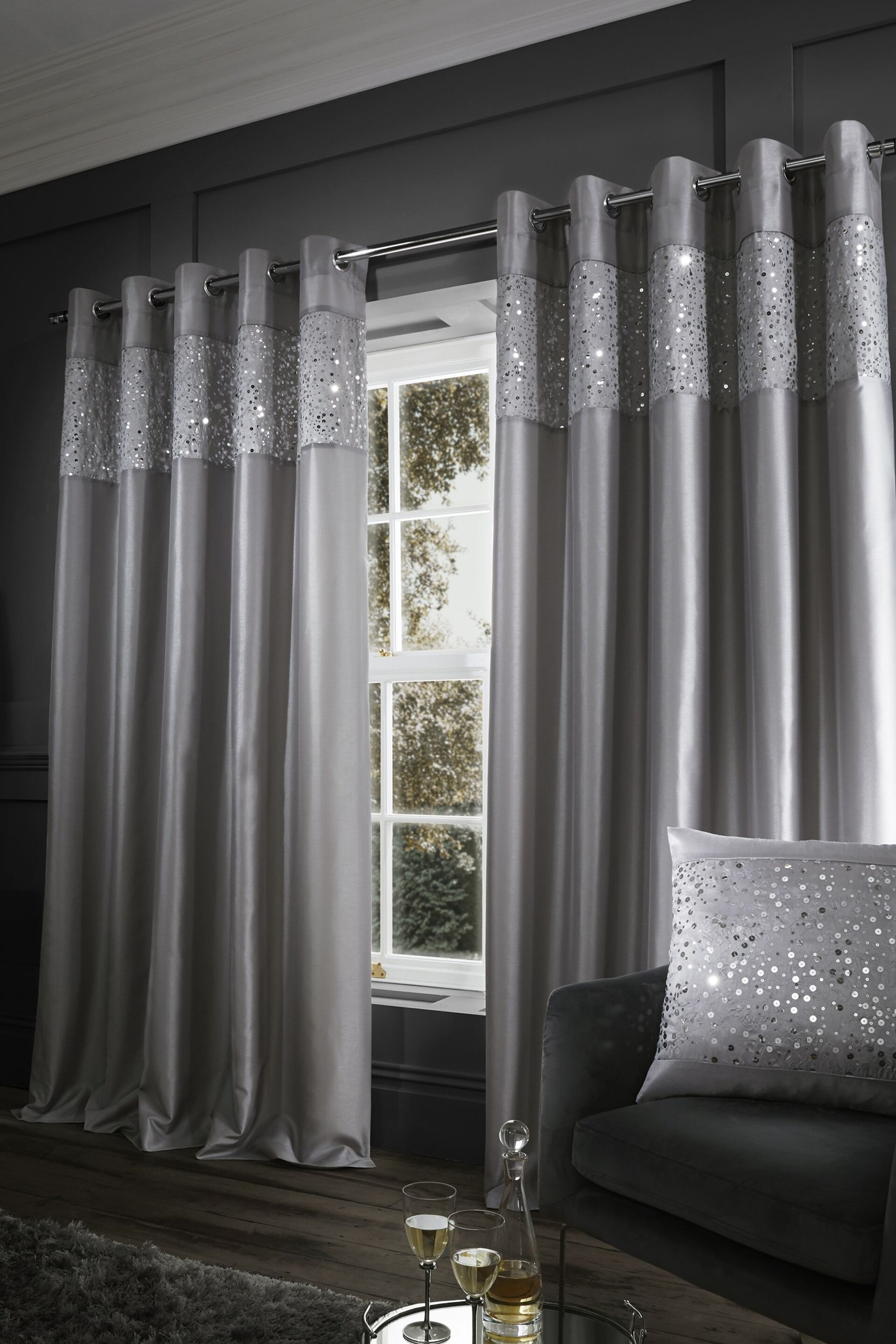 Catherine Lansfield Grey Glitzy Sequin Eyelet Lined Curtains - Image 1 of 4