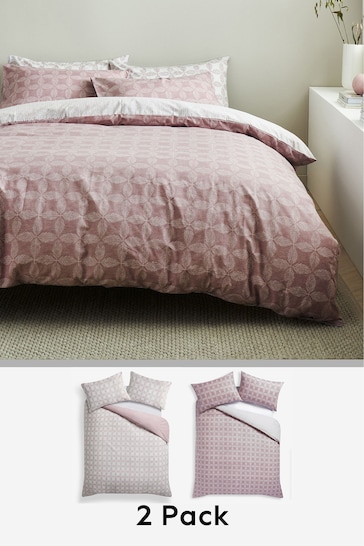 2 Pack Pink Tile Reversible Duvet Cover and Pillowcase Set