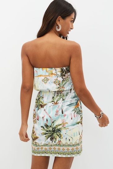 Yellow Tropical Print Jersey Bandeau Mini Summer Dress