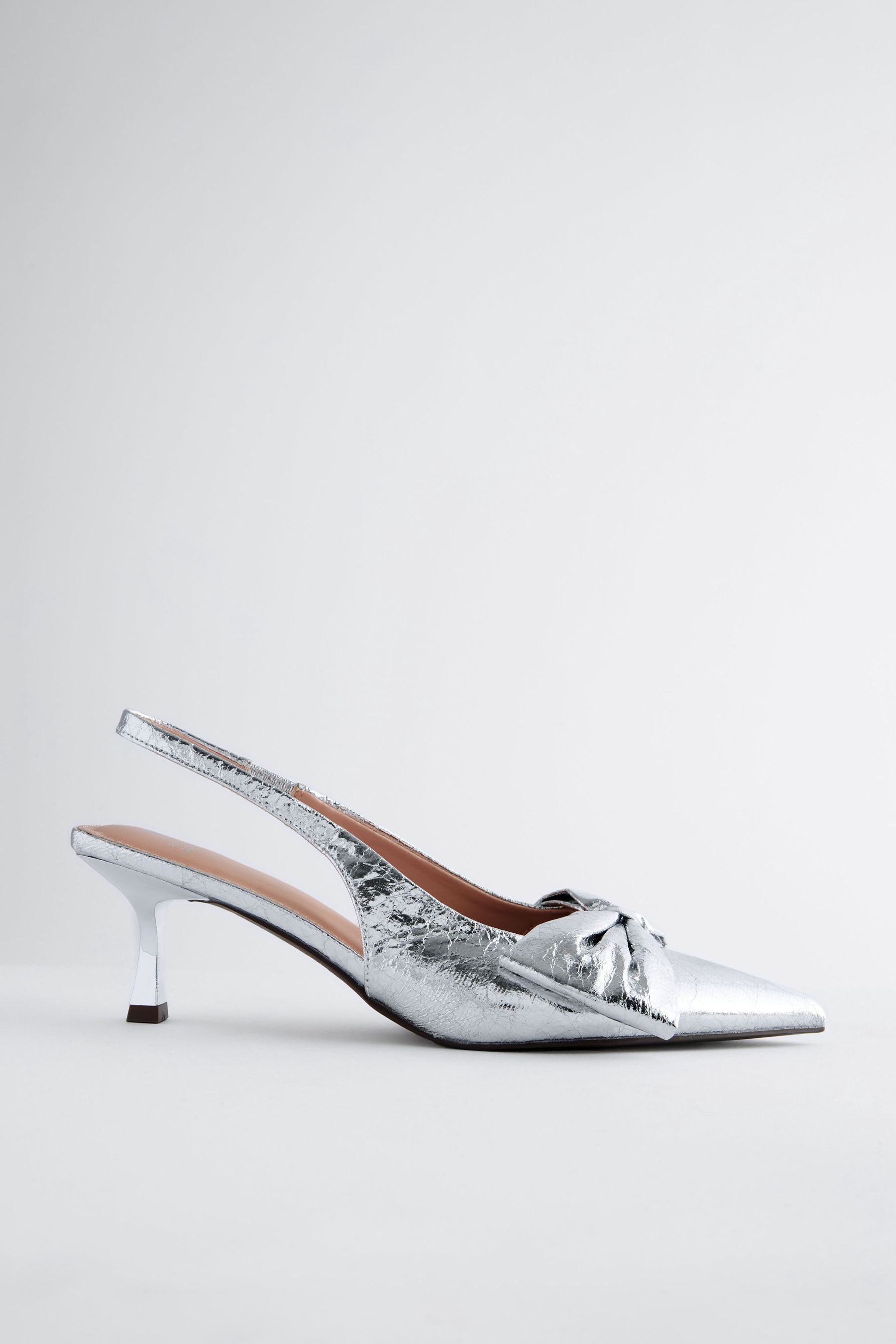 Silver Standard Wide Fit Forever Comfort Bow Slingback Kitten Heels