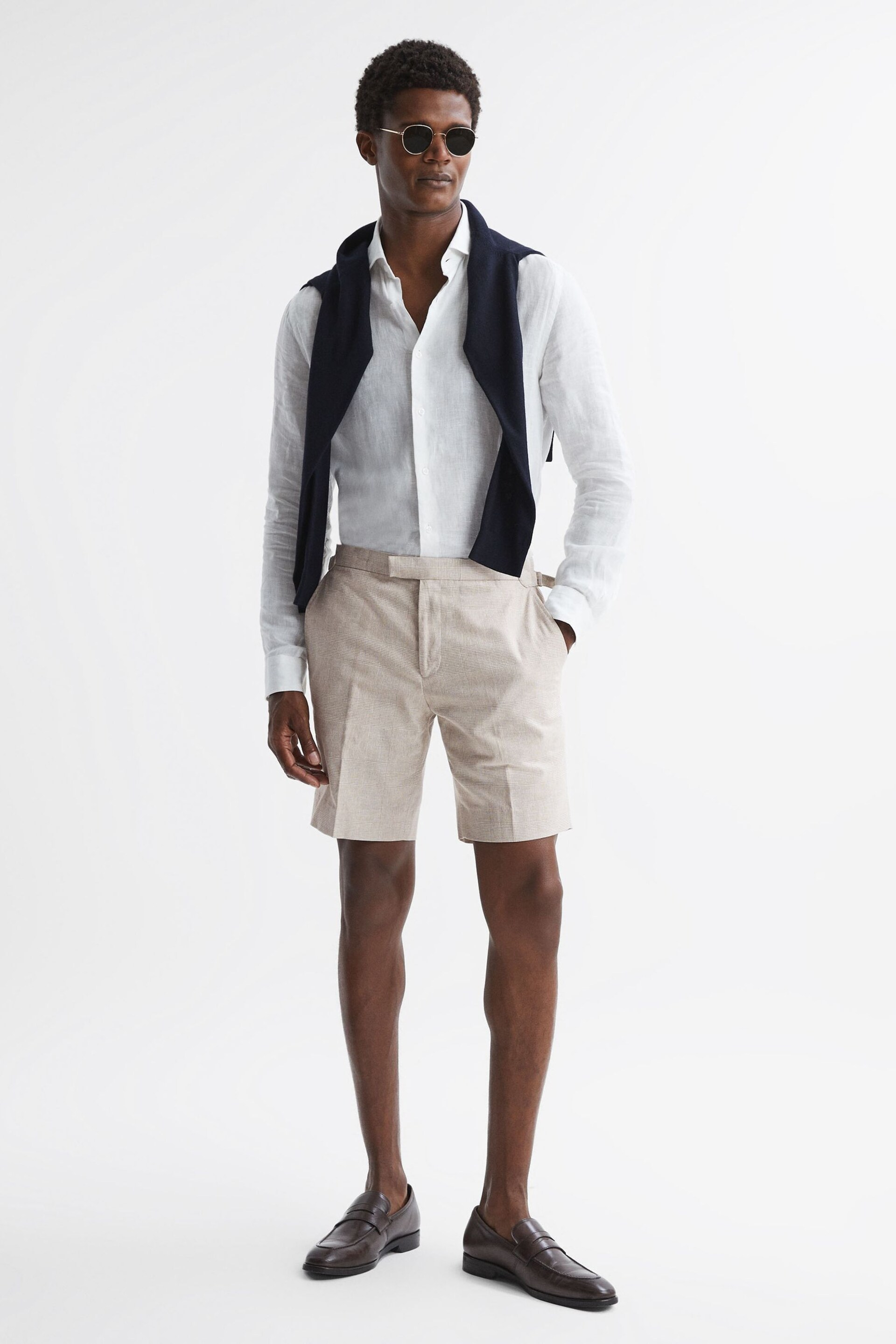 Reiss Oatmeal Craft Slim Fit Cotton-Linen Check Adjustable Shorts - Image 1 of 5