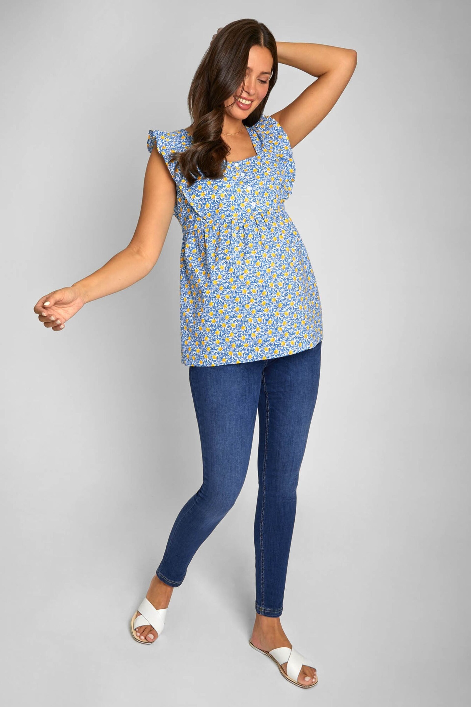 JoJo Maman Bébé Blue Lemon Print Frill Sleeve Maternity Top - Image 1 of 5