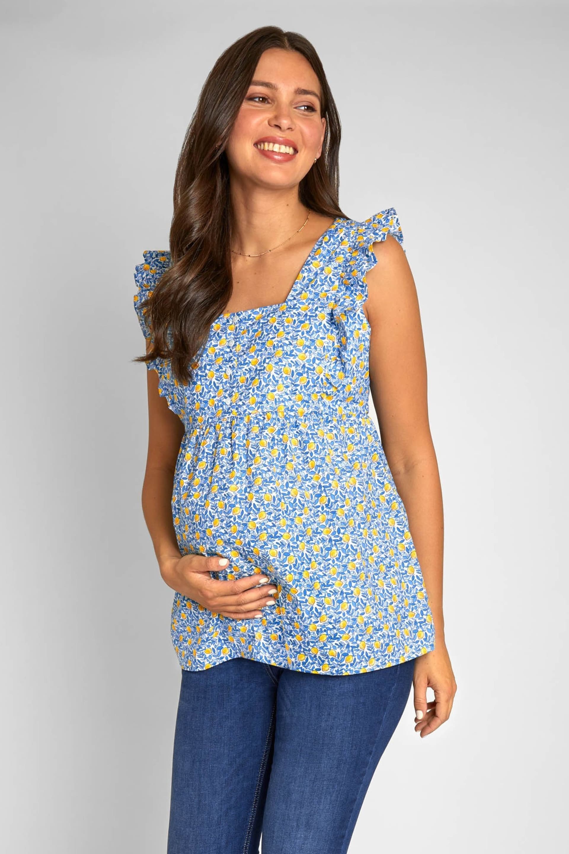 JoJo Maman Bébé Blue Lemon Print Frill Sleeve Maternity Top - Image 3 of 5