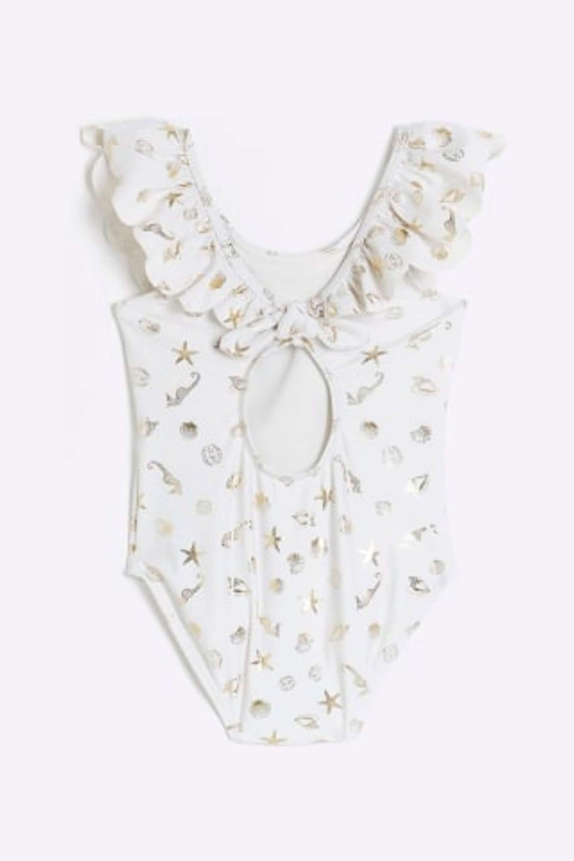 River Island Cream Mini Girls Foiled Frill Swimsuit - Image 2 of 4