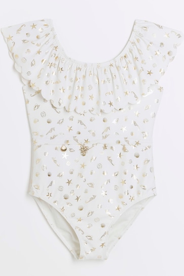 Buy River Island Cream Girls Frill Foiled Swimsuit from the Next UK online shop