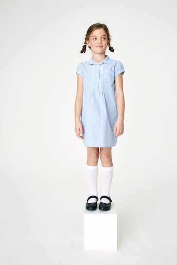 Blue Cotton Rich Button Front Lace Gingham School Dress (3-14yrs)