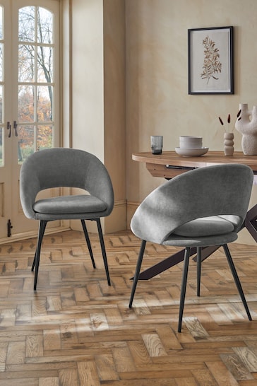 Set of 2 Fine Chenille Mid Grey Hewitt Black Leg Dining Chairs