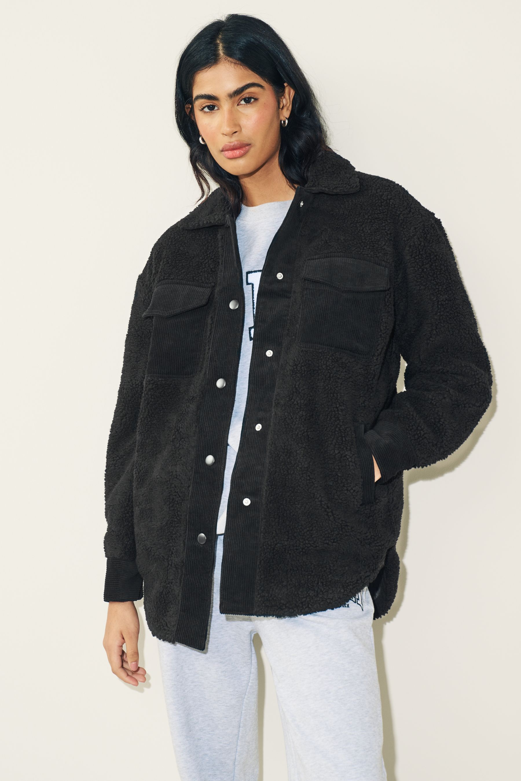 Buy Black Borg Fleece Corduroy Pocket Detail Jacket from Next Luxembourg