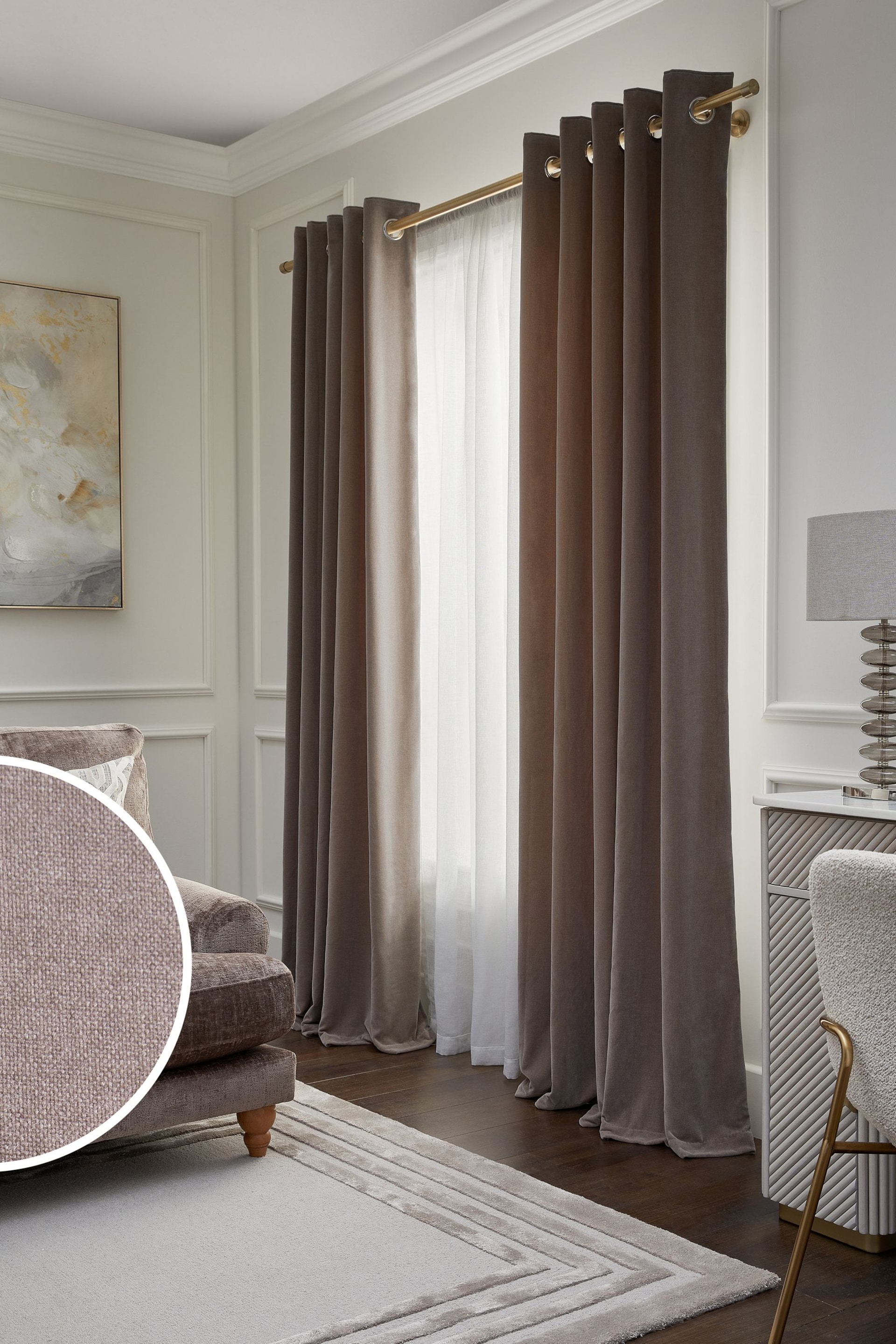 Mink Natural Sumptuous Velvet Eyelet Lined Curtains - Image 1 of 5