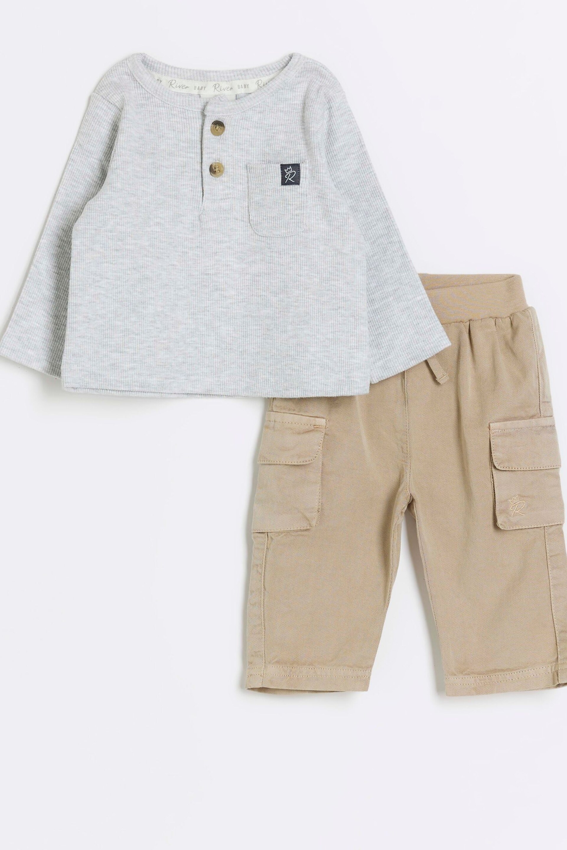 River Island Grey/Brown Baby Boys Top and Short Set - Image 1 of 4