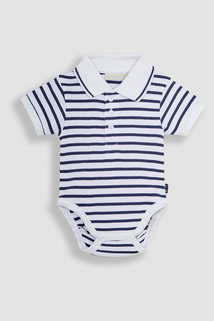 JoJo Maman Bébé White Navy Stripe Short Sleeve Polo Shirt Bodysuit - Image 1 of 3